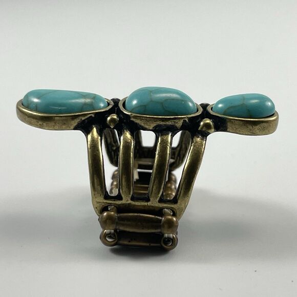 Turquoise Blue Howlite Cabochon Antique Gold Tone Stretch Ring Cocktail Boho - Picture 3 of 6